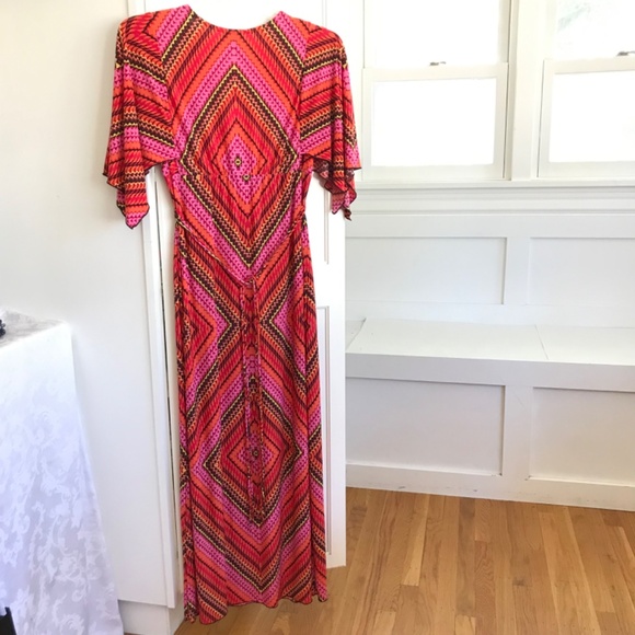 EN FOCUS Maxi Dress Pink Black Retro V Neck Kimono Sleeve Women’s Plus Size 14W - Picture 7 of 16